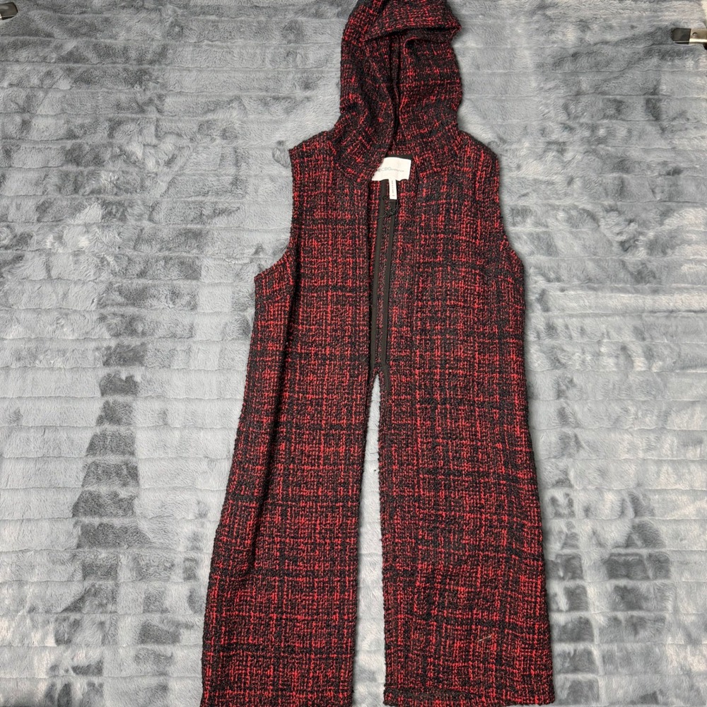 BCBGeneration Red Black Tweed Hooded Longline Vest Sleeveless Cardigan XS